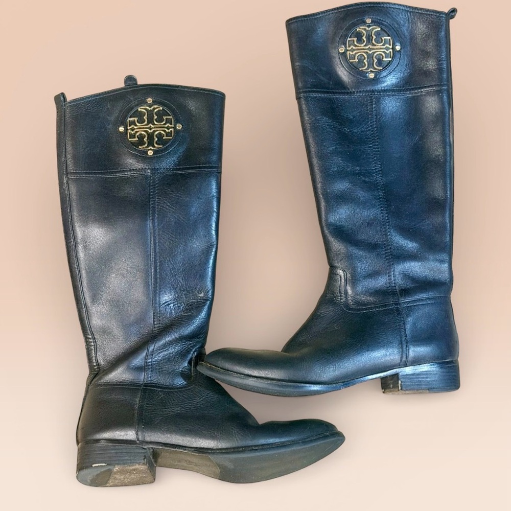 Tory Burch Kiernan Riding Boots Black Leather Knee High Gold Logo 10M - Picture 10 of 10